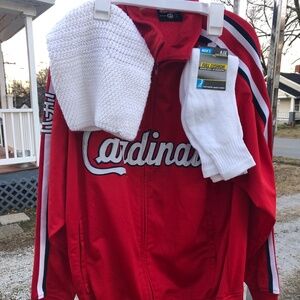 Men Medium STL Cardinals ZipUp, Handmade Hat & New 3 Pack Socks